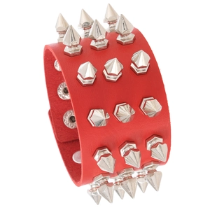 Punk style wide red leather bracelet with four rows of silver metal spikes and snap button