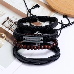Vintage geflochtenes Lederarmband-Set für Herren mit Legierungskreuz und Holzperlen