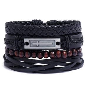 Vintage Mehrlagig Leder Kreuz Armband Set Für Herren Retro Geflochtene Wickelarmbänder Mit Holzperlen Legierung Schmuck