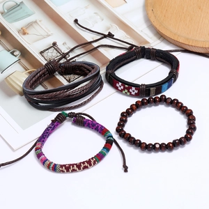 Bohemian multilayer braided leather bracelet set with ethnic beads and woven cords