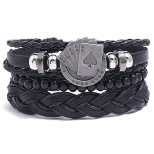 Juego de Pulseras Trenzadas Multicapa Bohemias Retro para Hombre Mujer Cuero Artificial Aleación Cuentas de Madera Amuleto de Carta de Póquer