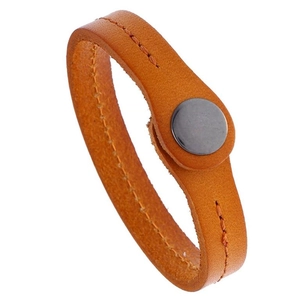 Close-up of ginger leather bracelet featuring orange stitching and metal button