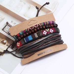 Bohemian multilayer woven bracelet set with wooden beads and ethnic fabric patterns