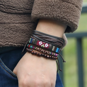 Bohemian multi-layer braided leather bracelet set with ethnic beads for women and men
