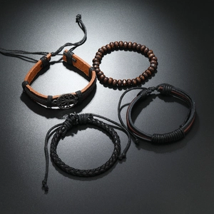 Retro 4-piece multilayer leather bracelet set with Tree of Life and wooden beads