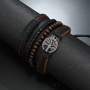 Men's retro multi-layer bracelet set with tree of life charm and leather weaving