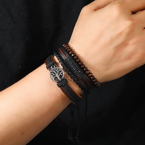 Handmade multilayer leather bracelet set with tree of life charm for men and women