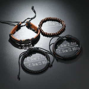 Detailed size view of four-piece leather bracelet set with tree of life metal charm