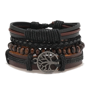 Vintage Multilayer Leather Bracelet Set For Men Women Handmade Braided Rope Wood Bead Tree Of Life Punk Bohemian Jewelry