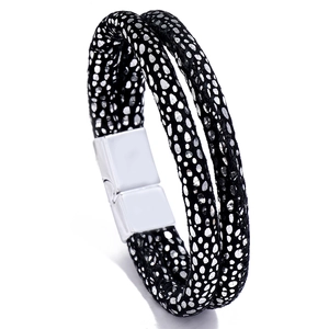 Retro Men Double Layer PU Leather Wrap Bracelet Alloy Magnetic Buckle Metallic Texture Dot Stripe Fashion Wristband Jewelry