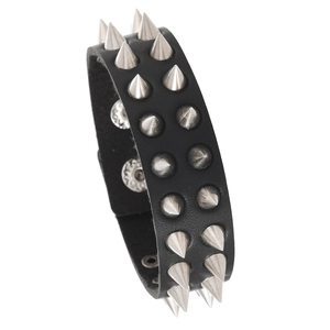 Punk style black leather bracelet featuring two rows of sharp silver metal spikes