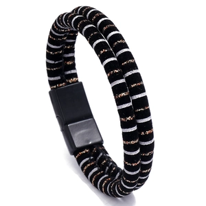 Mens vintage leather bracelet with black braided cord and gold-silver stripes magnetic clasp