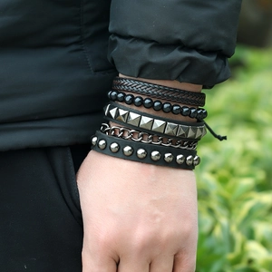 5-piece set of vintage woven leather bracelets with punk beads and metal chain for men