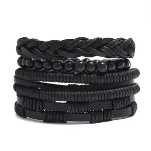 Vintage Multilayer Leather Bracelet Men Braided Cowhide Wood Beads Hemp Rope Cord Wrap Wristband Handmade Jewelry Accessory