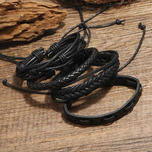 Set of 4 men's vintage black woven leather bracelets with adjustable sliding knots