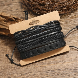 Set of four men's black multilayer braided faux leather and fiber cord wrap bracelets