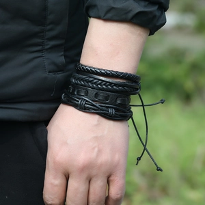 Multi-layer woven leather bracelet set for men in vintage black retro street style