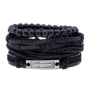 Vintage black leather multi-layer bracelet set with beads and metal cross charm