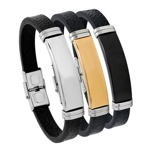 Retro Men's PU Leather Stainless Steel Bracelet Braided Fashion Hand Wristband Plain Polished Bar Bangle Jewelry For Everyday Gift