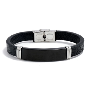 Braided black leather bracelet with a polished stainless steel plate and steel accents
