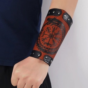 Brown leather Viking dragon wrist guard with Vegvisir compass and metal studs for men