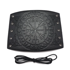 Viking leather bracer featuring a Vegvisir compass and Norse runes in black finish