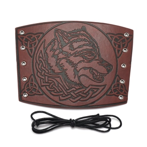 Retro brown PU leather wolf head bracer with Celtic knots for cosplay and riding gear