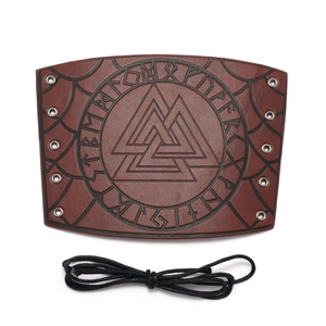 Detail of dark brown leather gauntlet with embossed Valknut and Rune symbols