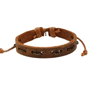 Vintage braided brown leather bracelet with bronze bead chain detail and adjustable knot