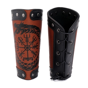 Viking PU Leather Bracers Dragon Ouroboros Vegvisir Compass Arm Guard With Metal Studs Adjustable Lace-up Punk Wristband