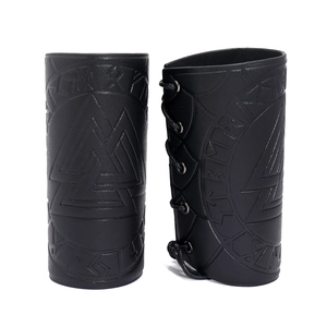 Detail of Viking Valknut embossed black leather arm guards with adjustable laces