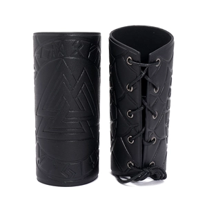 Black leather Viking gauntlets with Valknut symbols and lace-up closure for rock punk style
