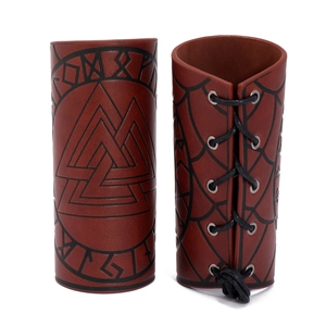 Gothic leather gauntlets with Nordic Valknut totem and runes for Viking cosplay events