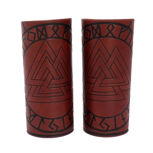 Detail of red-brown faux leather arm guards with embossed Valknut symbol and Viking runes