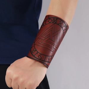 Nordic Viking Valknut faux leather bracer with rune patterns for cosplay and LARP