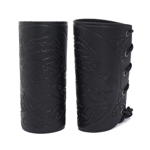 Medieval PU leather arm guards with embossed wolf head and Celtic knot patterns
