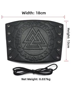 Detailed size chart for black leather Viking bracer with Valknut symbol and Runes