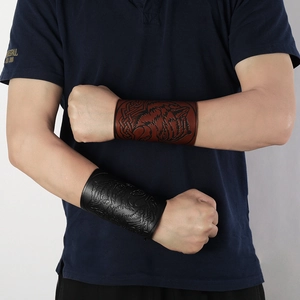 Vintage PU leather arm guards with embossed wolf head and Celtic patterns for cosplay