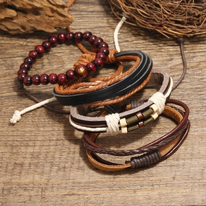 Men's multilayer leather bracelet set with vintage woven wood beads and charms