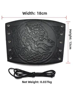 Detail view of black PU leather gauntlet with embossed wolf head and dimensions