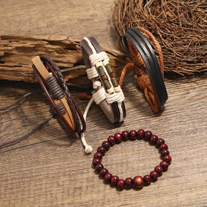 Retro multi-layer men's leather bracelets with woven cords and vintage wood beads