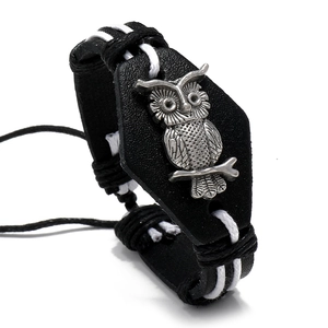 Bracelet Tressé en Cuir de Hibou Vintage Fait Main Punk Réglable Corde de Chanvre Charme Animal Bijoux Pour Hommes Femmes Noir
