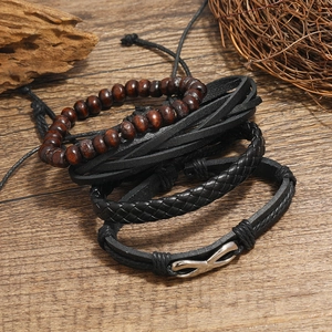 Men's vintage braided leather bracelet set with infinity charm and wood beads on wood