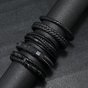 Black multilayer leather braided men's bracelet set with magnetic metal clasps