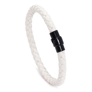 Bracelet tressé en cuir blanc pour homme avec fermoir de sécurité en métal noir poli