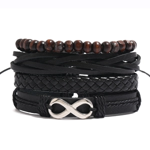 Men Retro Hand-Woven Cowhide Bracelet Set Infinity Symbol Wood Beads Multi-Layer Punk Style Wristband Jewelry Accessories
