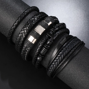 Men's multilayer black braided leather bracelet set with magnetic clasp and metal accents