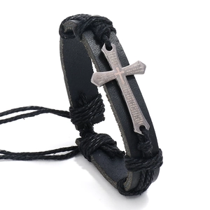 Bracelet Croix en Cuir de Vachette Tressé à la Main Rétro pour Hommes Femmes Bijoux Religieux Multicouches Réglables Cadeau Bracelet Punk