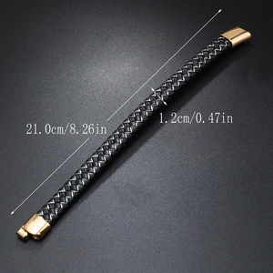 Detail showing woven leather bracelet for men with magnetic gold clasp and dimensions