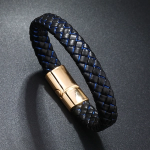 Men's hand-woven black leather bracelet with blue stitch and golden magnetic clasp